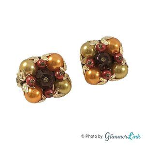 VTG 60s Japan Autumn Square Floral Cluster Fall Bead Gold Tone Clip On Earrings